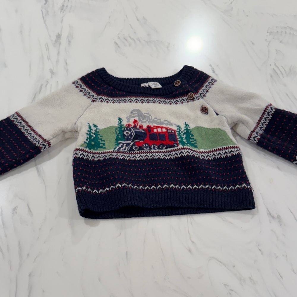 Janie and Jack Fair Isle train sweater in navy blue and cream combed cotton.